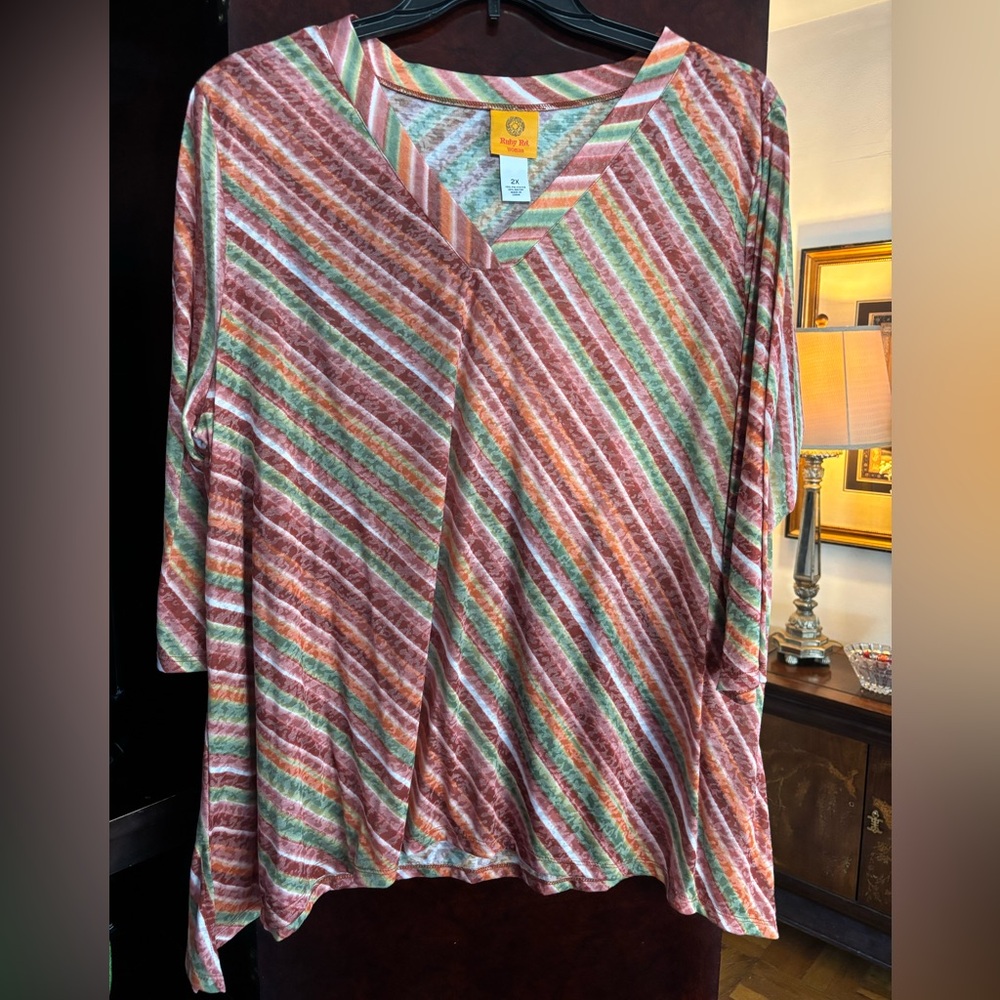Ruby Rd. Multicolor Diagonal Stripe Tunic With 3/4 Sleeves